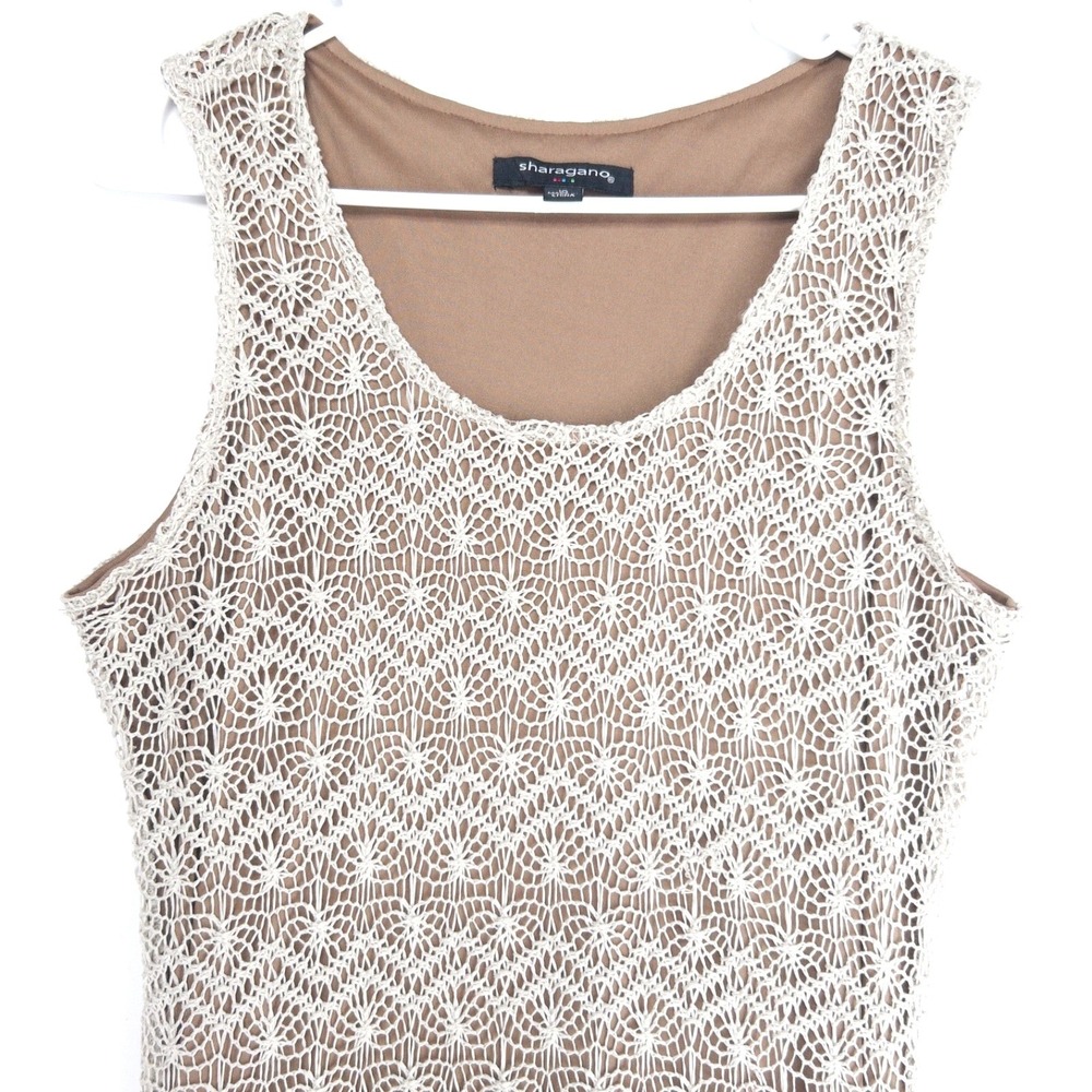 Sharagano Crochet Lace Overlay Nude Illusion Maxi Sheath Tank Dress Womens 10 L - Picture 2 of 14